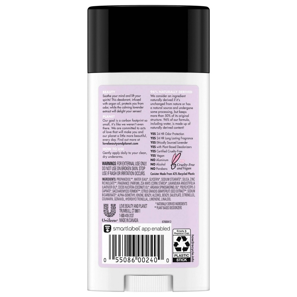 slide 2 of 4, Love Beauty and Planet Love Beauty & Planet Aluminum Free Argan Oil & Lavender Relaxing Deodorant Stick, 2.95 oz