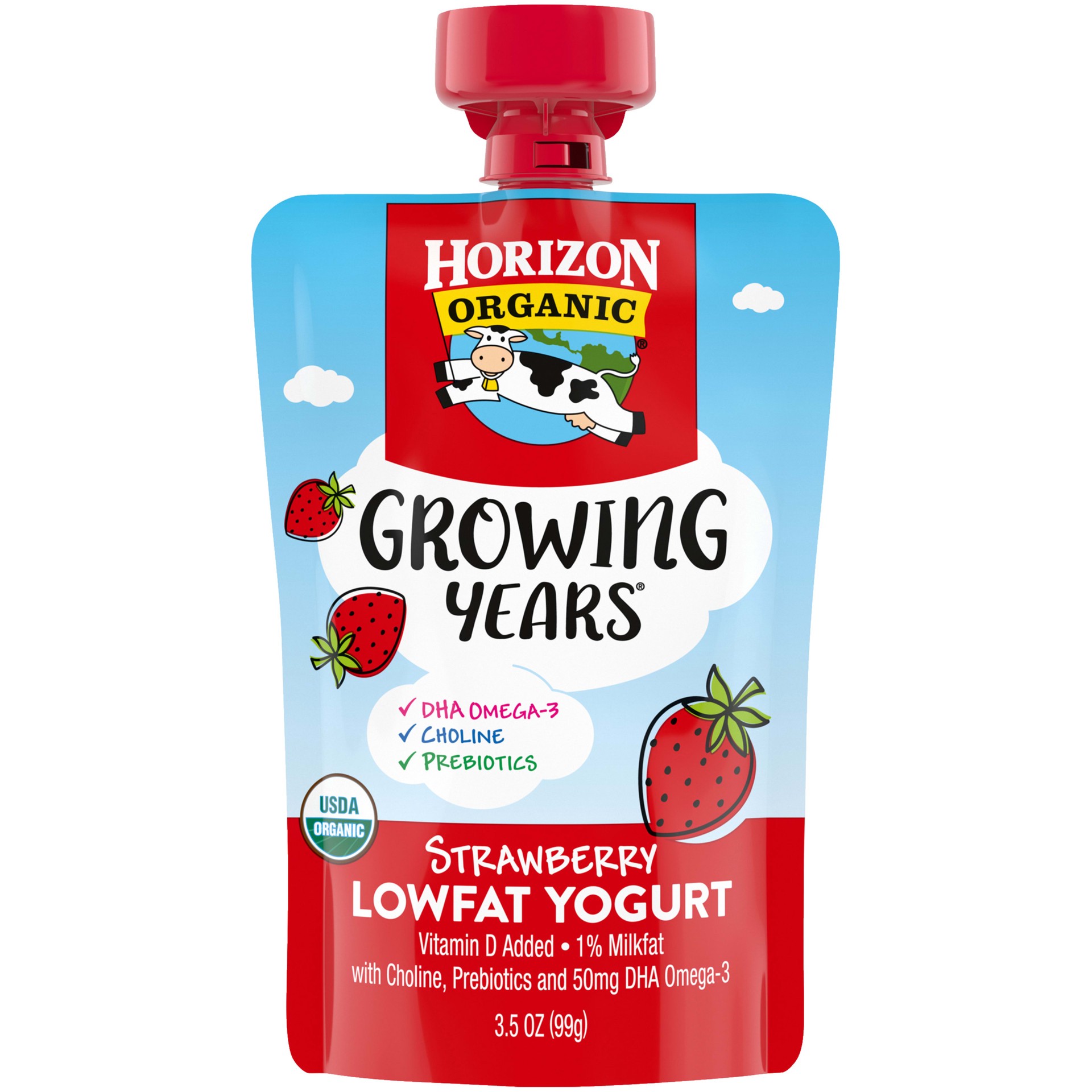 slide 9 of 10, Horizon Organic Growing Years Low Fat Yogurt Pouch with 50mg DHA Omega-3 and Choline, Strawberry, 3.5oz, 3.5 oz