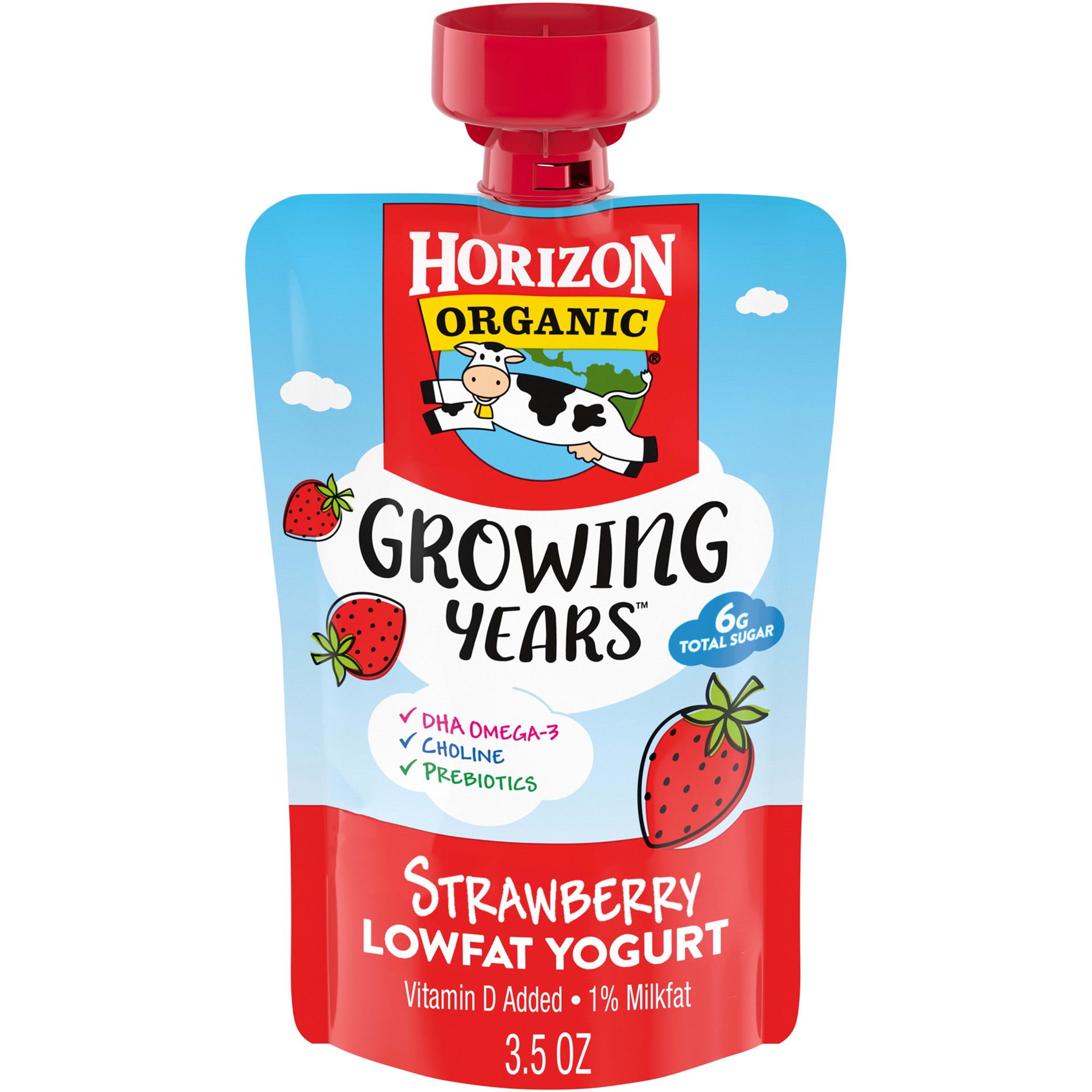 slide 1 of 10, Horizon Organic Growing Years Low Fat Yogurt Pouch, Strawberry, 3.5oz, 50mg DHA Omega-3 and Choline, 3.5 oz