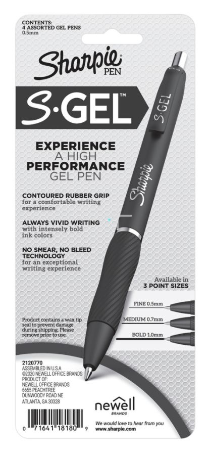 slide 7 of 7, Sharpie S Gel Pens, Fine Point, 0.5 Mm, Black Barrels, Assorted Ink, Pack Of 4 Pens, 4 ct