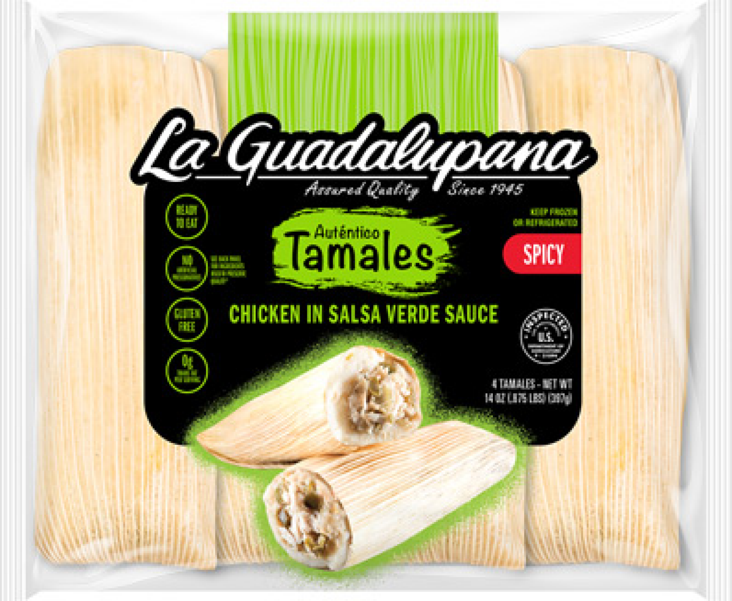 slide 1 of 1, La Guadalupana Spicy Chicken in Salsa Verde Sauce Tamales 4 Each, 4 ct