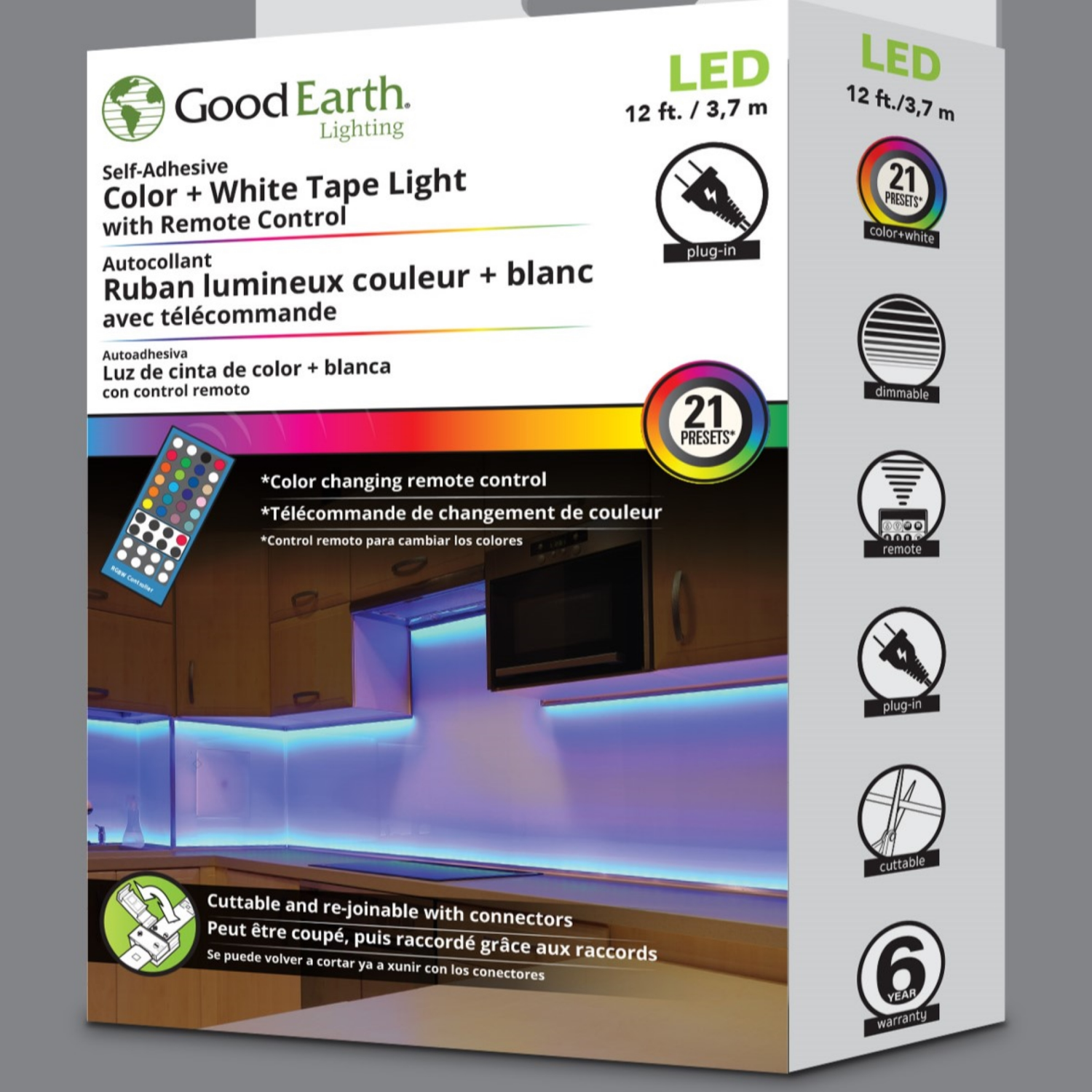 slide 1 of 5, Good Earth Lighting RGB + White 144-in Plug-in LED Under Cabinet Tape Light with Remote, 1 ct