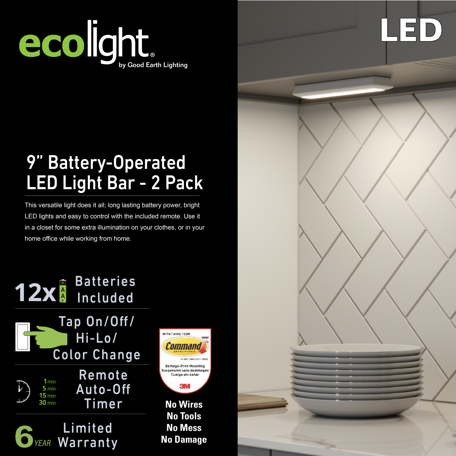 slide 5 of 5, Ecolight 9" Battery CCT Bars With Remote, 9 in