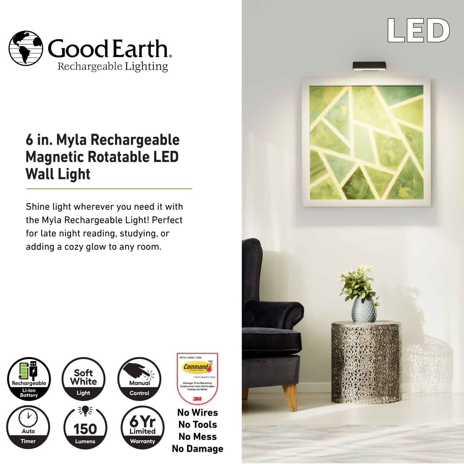 slide 5 of 5, Good Earth Lighting 6" Rechargeble Multi Use Light, 6 in