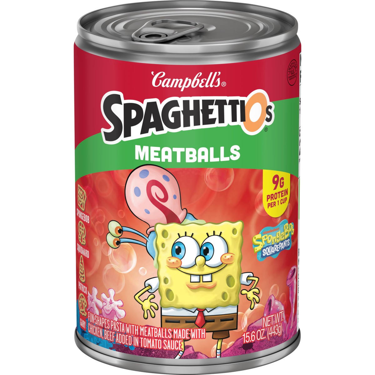 slide 1 of 11, CAMPBELLS Campbell's® Spaghettios® Spongebob® Canned Pasta With Meatballs, 15.6 Oz Can, 15.6 oz