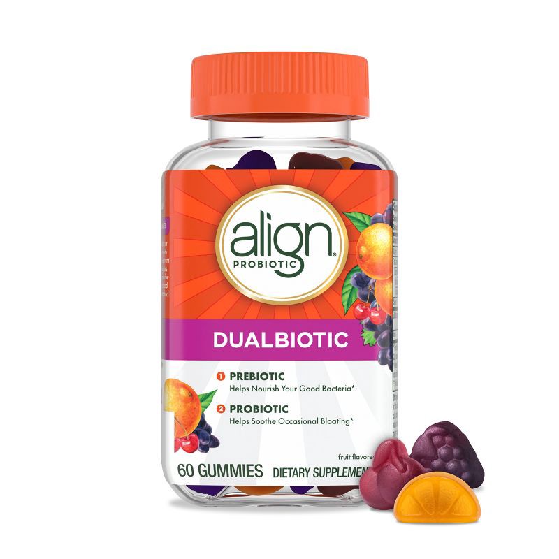slide 1 of 8, Align DualBiotic Prebiotic & Probiotic Daily Supplement Gummies - Natural Fruit - 60ct, 60 ct