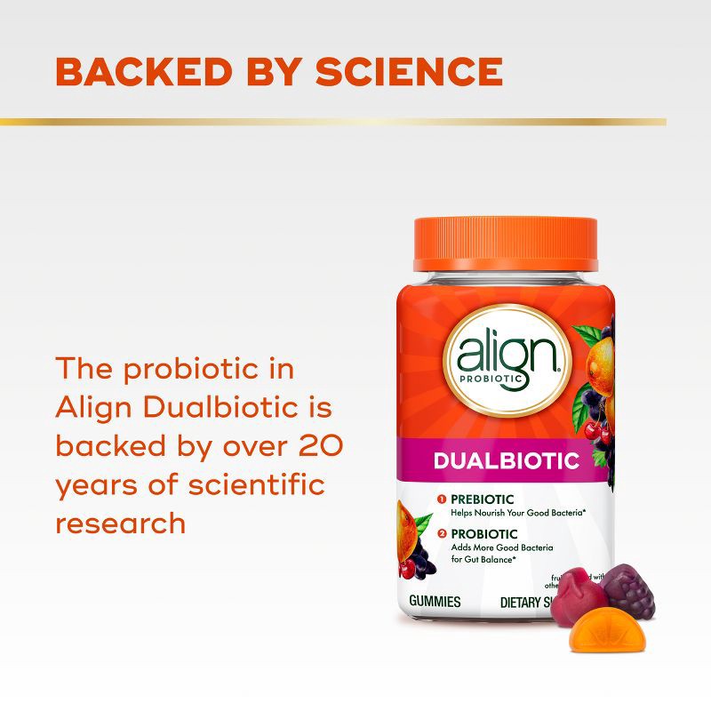 slide 4 of 8, Align DualBiotic Prebiotic & Probiotic Daily Supplement Gummies - Natural Fruit - 60ct, 60 ct