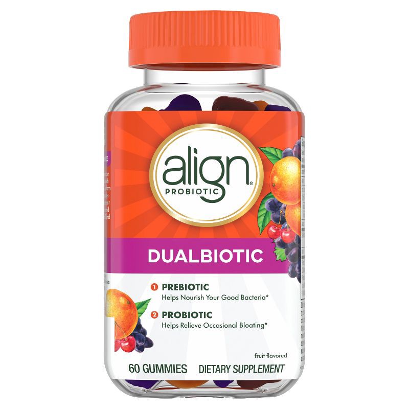 slide 2 of 8, Align DualBiotic Prebiotic & Probiotic Daily Supplement Gummies - Natural Fruit - 60ct, 60 ct