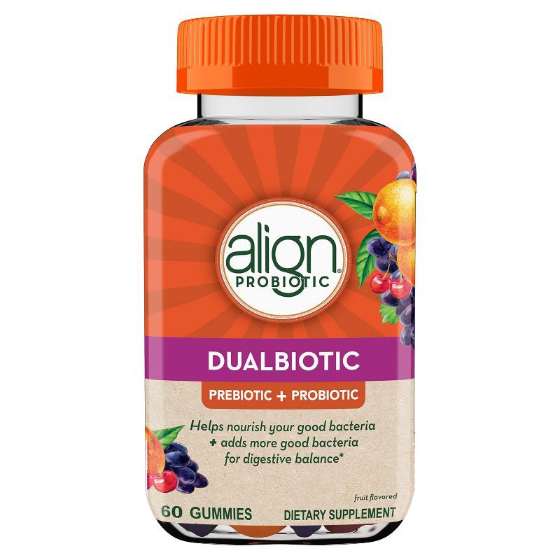 slide 9 of 11, Align DualBiotic Prebiotic & Probiotic Daily Supplement Gummies - Natural Fruit - 60ct, 60 ct