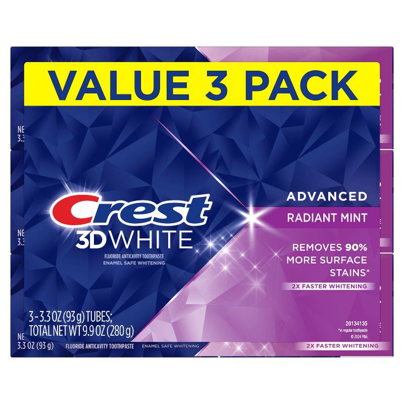 slide 2 of 8, Crest 3D White Advanced Teeth Whitening Toothpaste, Radiant Mint - 3.3oz/3pk, 3.3 oz, 3 ct