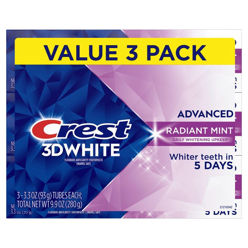 slide 2 of 10, Crest 3D White Advanced Teeth Whitening Toothpaste - Radiant Mint - 3.3oz/3pk, 3.3 oz, 3 ct