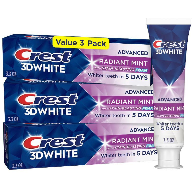 slide 11 of 11, Crest 3D White Advanced Teeth Whitening Toothpaste - Radiant Mint - 3.3oz/3pk, 3.3 oz, 3 ct