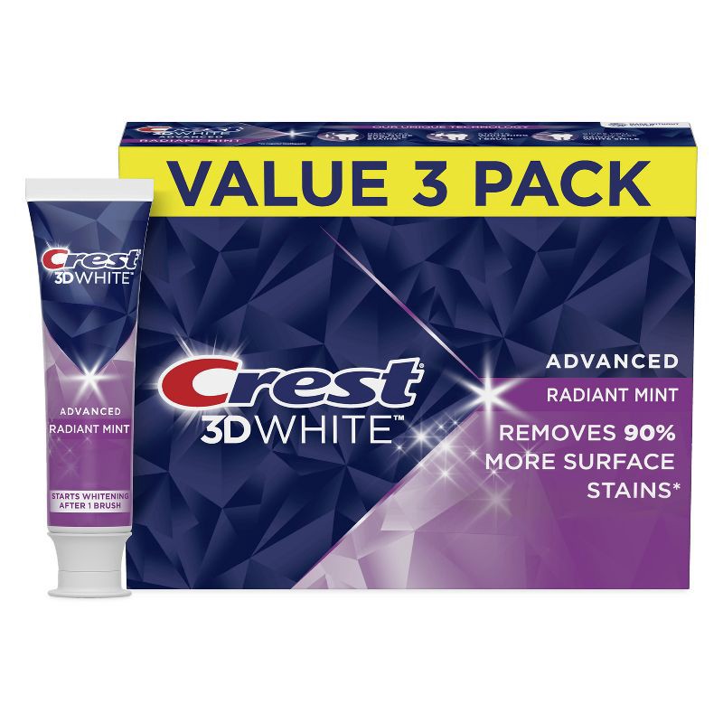 slide 1 of 8, Crest 3D White Advanced Teeth Whitening Toothpaste, Radiant Mint - 3.3oz/3pk, 3.3 oz, 3 ct