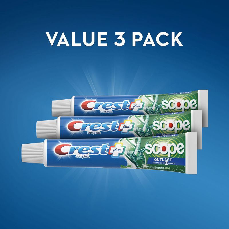 slide 2 of 9, Crest + Scope Outlast Complete Whitening Toothpaste, Min - 5.4oz/3pk, 3 ct; 5.4 oz