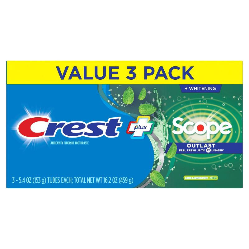 slide 2 of 9, Crest + Scope Outlast Complete Whitening Toothpaste - Mint - 5.4oz/3pk, 3 ct; 5.4 oz