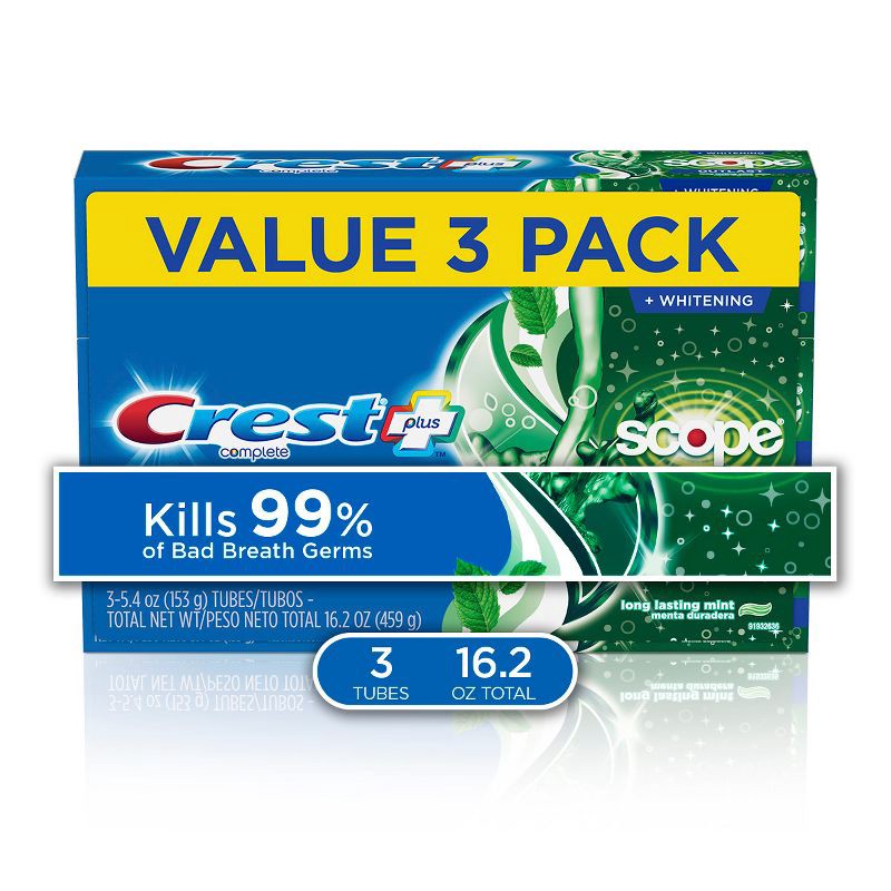 slide 1 of 9, Crest + Scope Outlast Complete Whitening Toothpaste, Min - 5.4oz/3pk, 3 ct; 5.4 oz