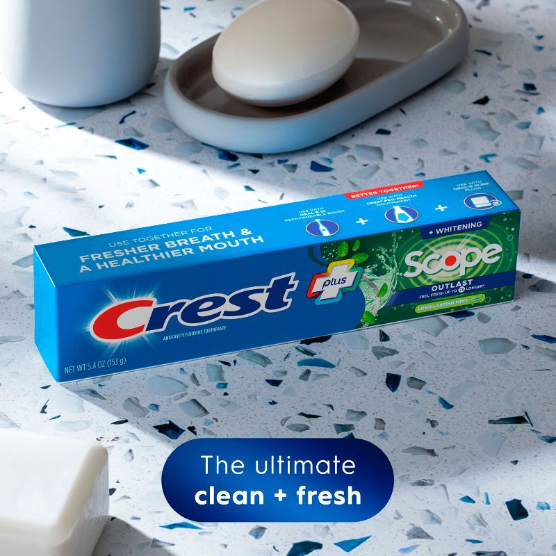 slide 4 of 9, Crest + Scope Outlast Complete Whitening Toothpaste - Mint - 5.4oz/3pk, 3 ct; 5.4 oz