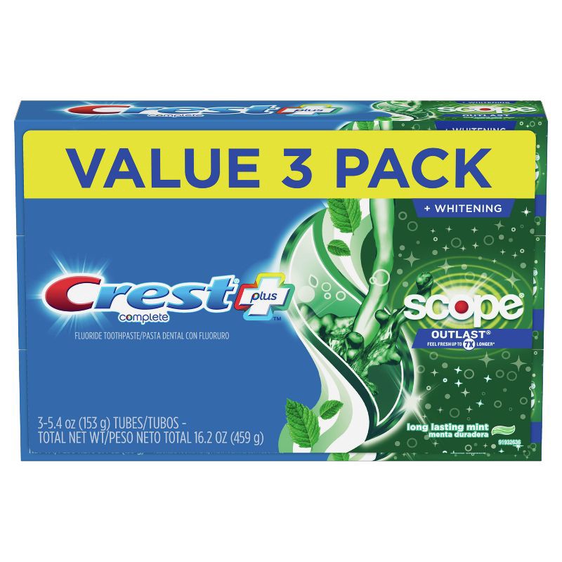 slide 9 of 11, Crest + Scope Outlast Complete Whitening Toothpaste, Min - 5.4oz/3pk, 3 ct; 5.4 oz