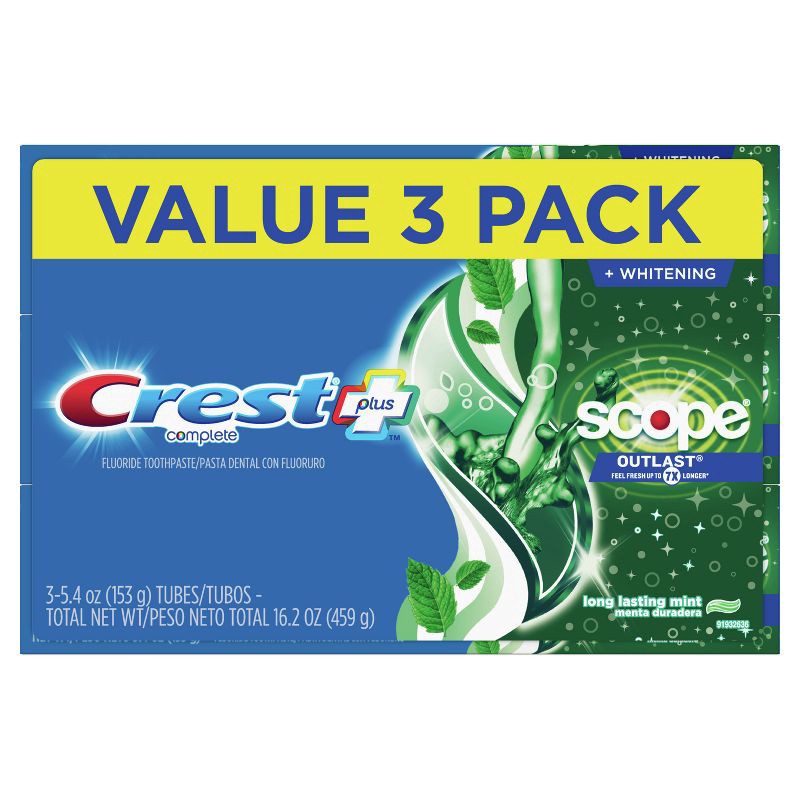 slide 10 of 11, Crest + Scope Outlast Complete Whitening Toothpaste, Min - 5.4oz/3pk, 3 ct; 5.4 oz