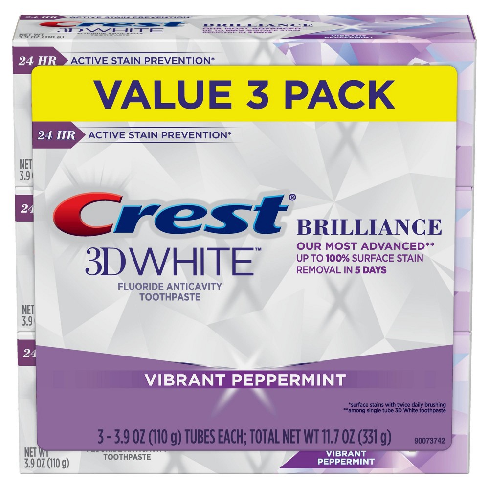 slide 2 of 5, Crest 3D White Brilliance Teeth Whitening Vibrant Peppermint Toothpaste - 0.85oz, 11.7 oz