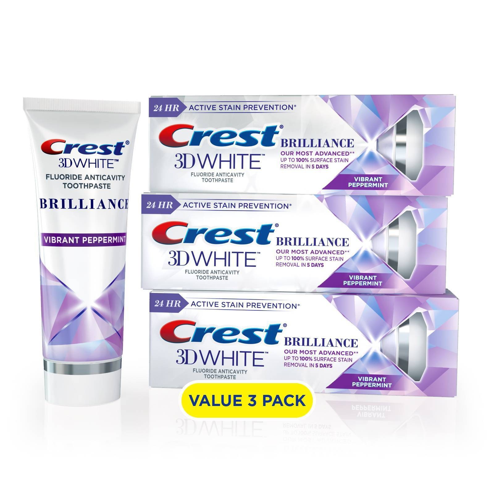 slide 1 of 5, Crest 3D White Brilliance Teeth Whitening Vibrant Peppermint Toothpaste - 0.85oz, 11.7 oz