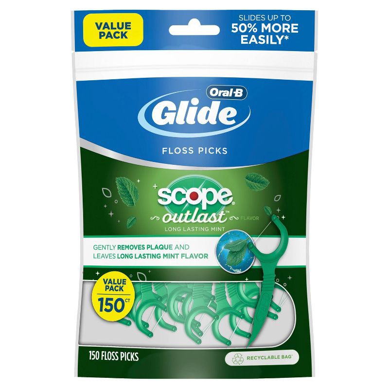 slide 1 of 4, Oral-B Glide with Scope Outlast Dental Floss Picks - Mint - 150ct, 150 ct