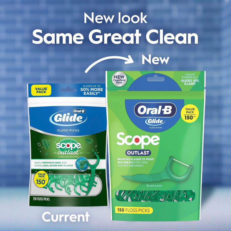 slide 9 of 12, Oral-B Glide Mint Dental Floss Picks with Long Lasting Scope Flavor - 150 Picks, 1 ct
