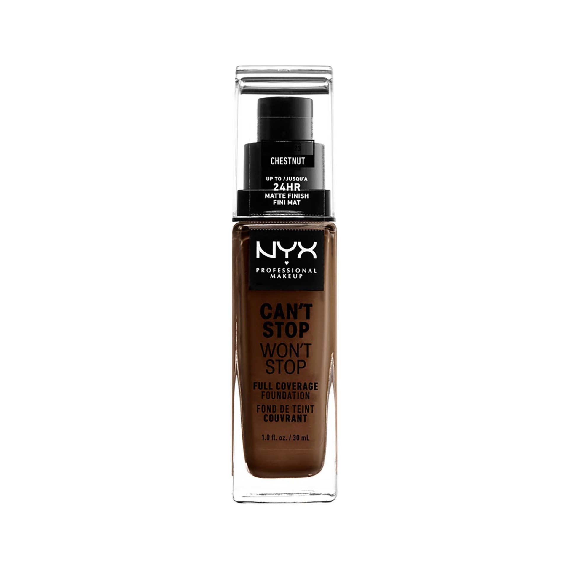 slide 1 of 3, Nyx Professional Makeup Can'T Stop Won'T Stop Full Coverage Foundation, Chestnut, 1 oz