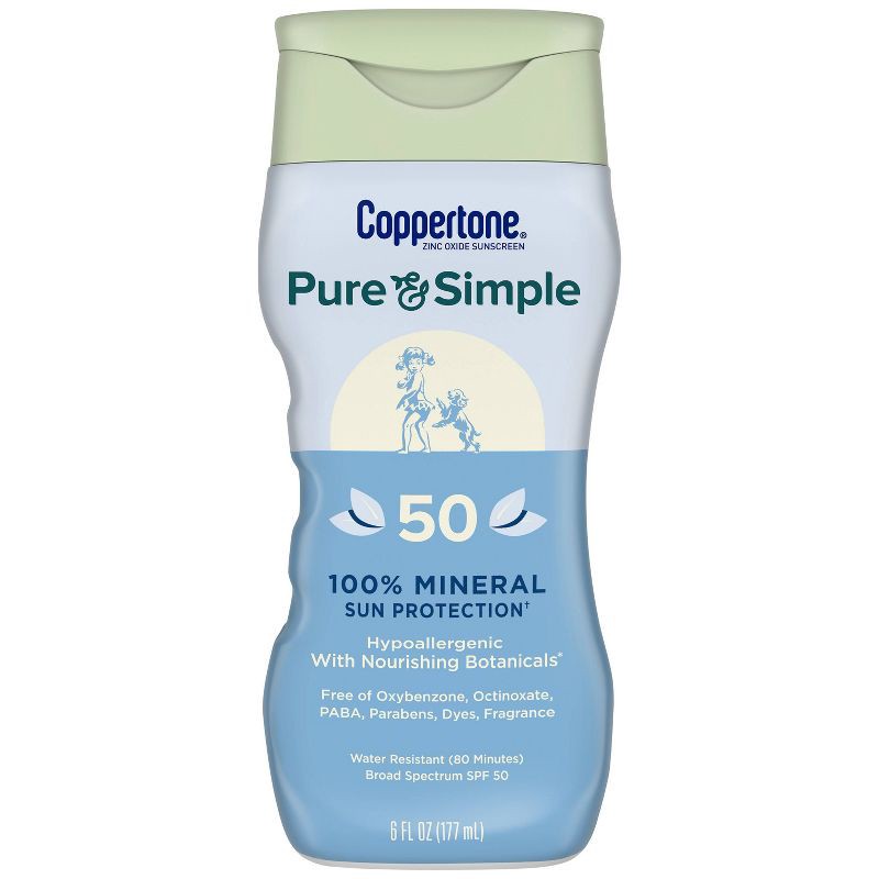 slide 1 of 13, Coppertone Pure & Simple Mineral Sunscreen Lotion with Zinc Oxide - SPF 50 - 6 fl oz, 50 ct; 6 fl oz