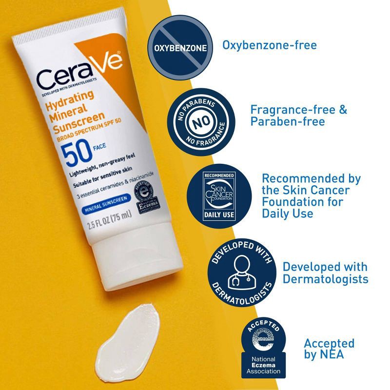 slide 5 of 13, CeraVe Hydrating 100% Mineral Sunscreen for Face - SPF 50 - 2.5 fl oz, 0 x 2.5 fl oz