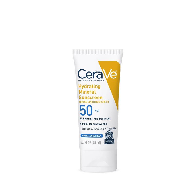 slide 3 of 13, CeraVe Hydrating 100% Mineral Sunscreen for Face - SPF 50 - 2.5 fl oz, 0 x 2.5 fl oz