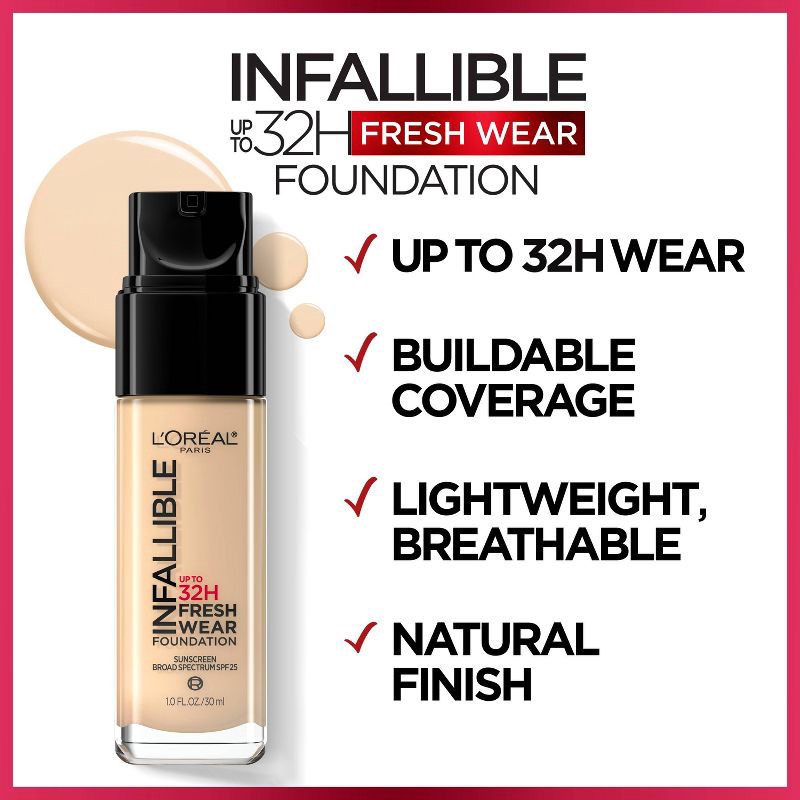 slide 3 of 8, L'Oreal Paris Infallible 32HR Fresh Wear Foundation with SPF 25 - 430 Ivory Buff - 1 fl oz, 1 fl oz