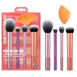Real Techniques Everyday Essentials Makeup Brush Kit - 5pc: Synthetic Bristles, Aluminum Handles, Multi-Use Brushes