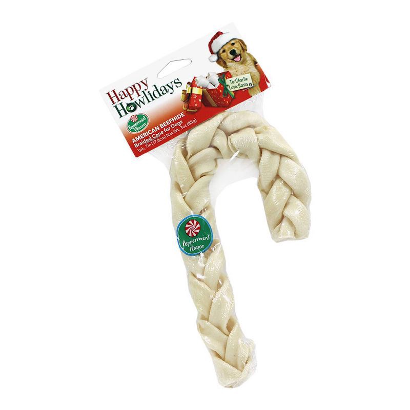 slide 1 of 3, Pet Factory Happy Holiday Braided Peppermint Cane Rawhide Dog Treats - 3oz, 3 oz