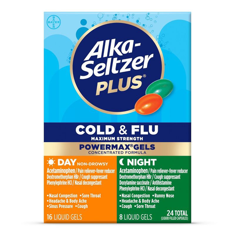 slide 1 of 8, Alka-Seltzer Plus PowerMax Day/Night Cough, Cold & Flu Relief Liquid Gels - 24ct, 24 ct