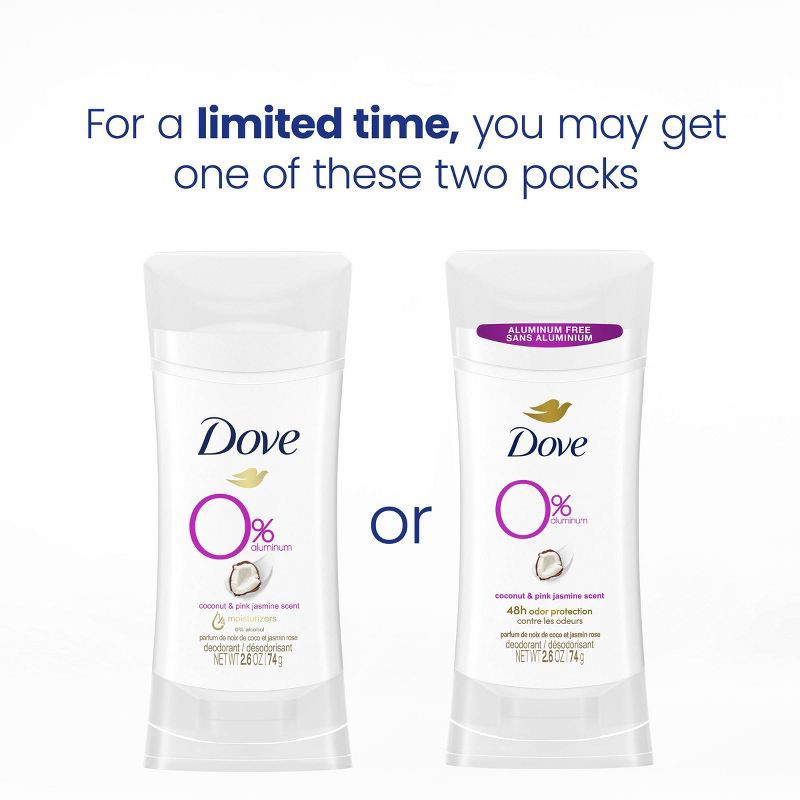 slide 4 of 7, Dove Beauty 0% Aluminum Coconut & Pink Jasmine Women's Deodorant Stick - 2.6oz, 2.6 oz