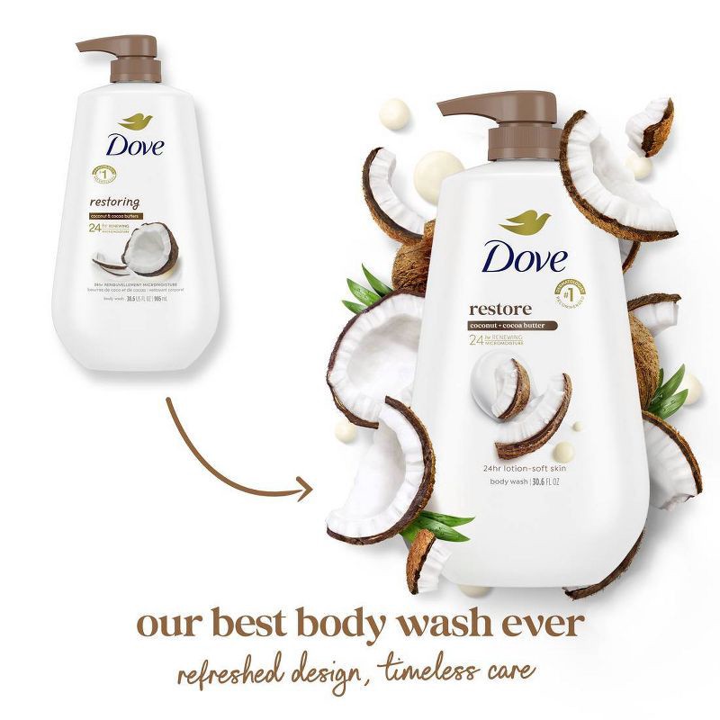 slide 3 of 11, Dove Beauty Dove Restore Body Wash Pump - Coconut & Cocoa Butter 24hr Lotion-Soft Skin - Vegan & PETA Approved - 30.6 fl oz, 30.6 fl oz