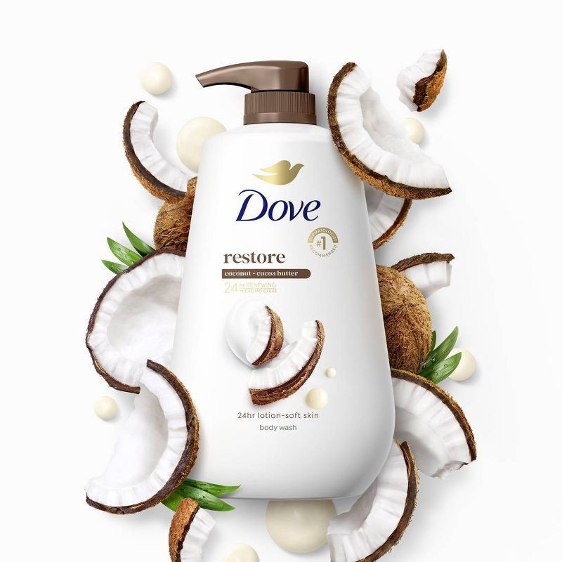 slide 4 of 11, Dove Beauty Dove Restore Body Wash Pump - Coconut & Cocoa Butter 24hr Lotion-Soft Skin - Vegan & PETA Approved - 30.6 fl oz, 30.6 fl oz