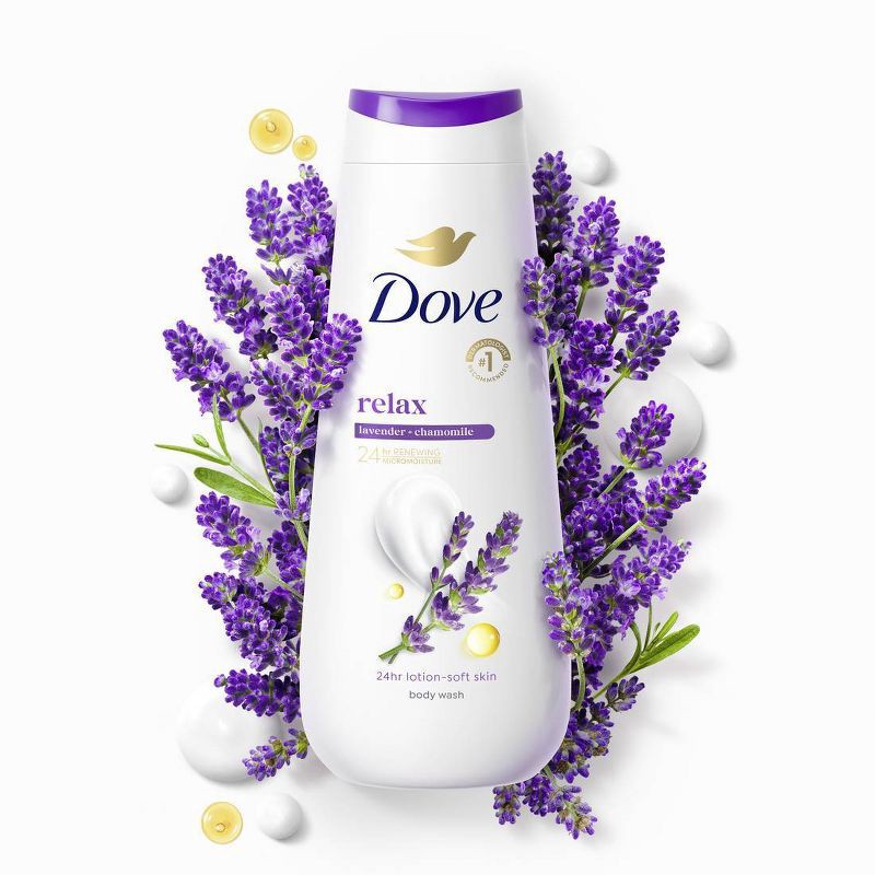 slide 3 of 12, Dove Beauty Dove Relax Body Wash - Lavender & Chamomile 24hr Lotion-Soft Skin - 20 fl oz, 20 fl oz
