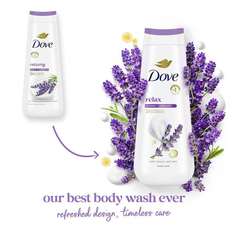 slide 4 of 12, Dove Beauty Dove Relax Body Wash - Lavender & Chamomile 24hr Lotion-Soft Skin - 20 fl oz, 20 fl oz
