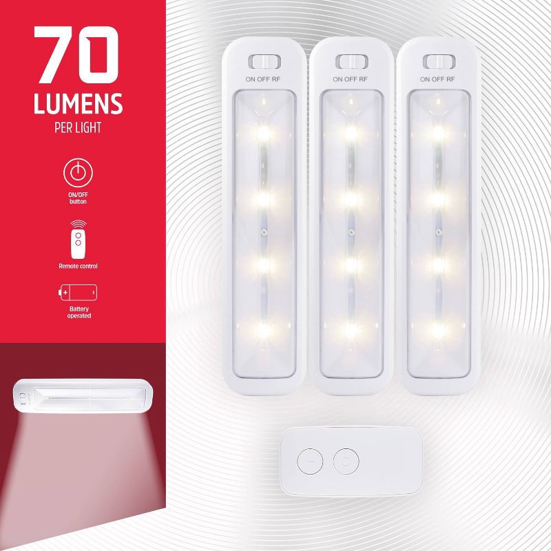slide 2 of 9, Energizer 10" 3pk 70 Lumens LED Cabinet Lights Bar with Remote White: Battery Operated Closet Light, 50 Hr Run Time, 3 ct