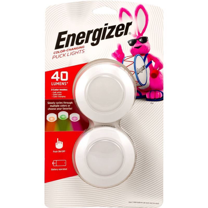 slide 1 of 10, Energizer 2pk 40 Lumens Indoor LED Color Changing Puck Cabinet Lights White: Tap & Touch Closet Light, Battery Operated, 2 ct