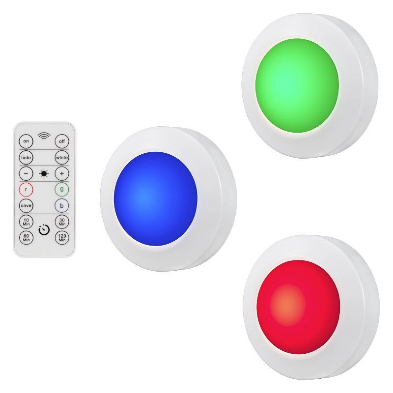 slide 6 of 12, Energizer 3pk 40 Lumen LED Puck Light Wireless Color Changing Cabinet Lights with Remote White: Tap & Closet Light, 3 ct