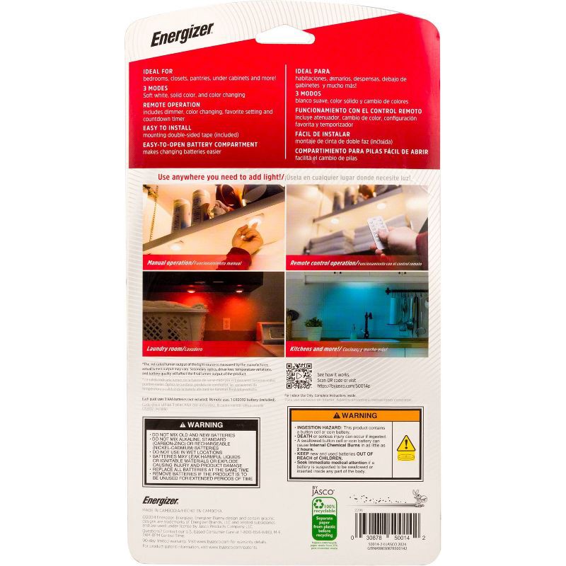 slide 4 of 12, Energizer 3pk 40 Lumen LED Puck Light Wireless Color Changing Cabinet Lights with Remote White: Tap & Closet Light, 3 ct