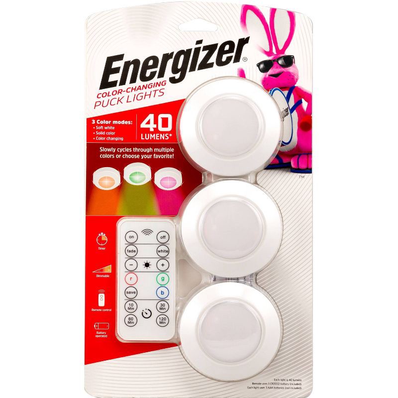 slide 1 of 12, Energizer 3pk 40 Lumen LED Puck Light Wireless Color Changing Cabinet Lights with Remote White: Tap & Closet Light, 3 ct