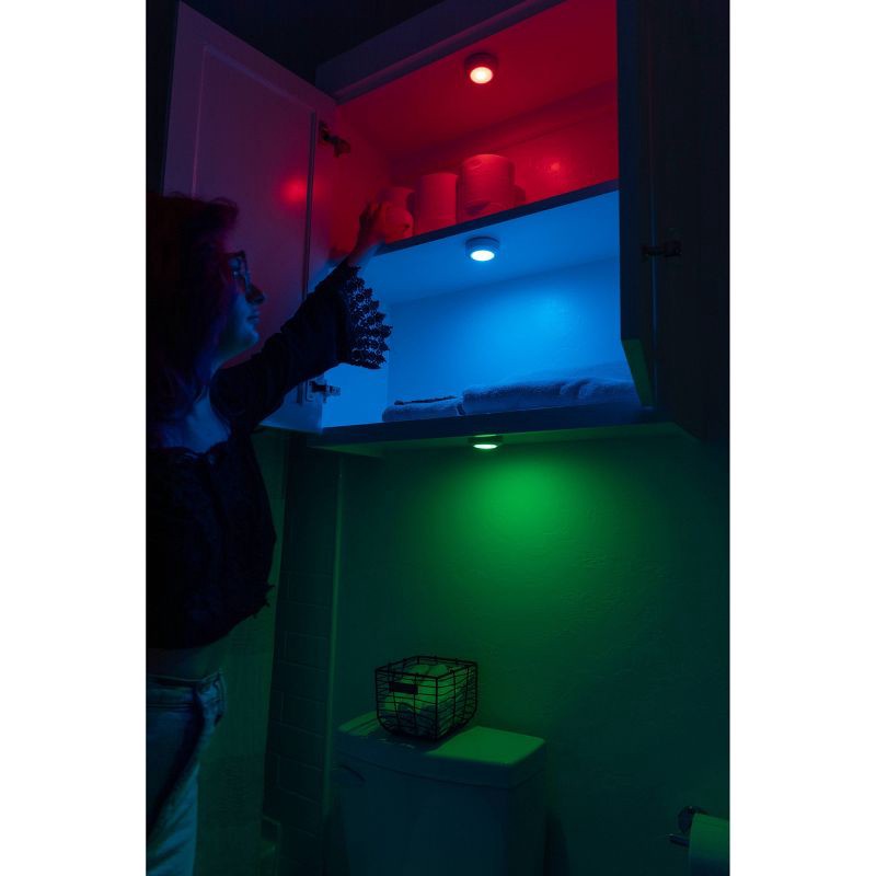 slide 8 of 12, Energizer 3pk 40 Lumen LED Puck Light Wireless Color Changing Cabinet Lights with Remote White: Tap & Closet Light, 3 ct