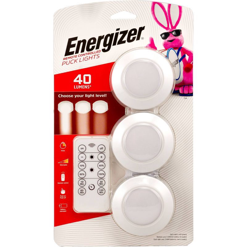 slide 1 of 13, Energizer 3pk LED Puck Cabinet Lights Wireless with Remote White, 3 ct