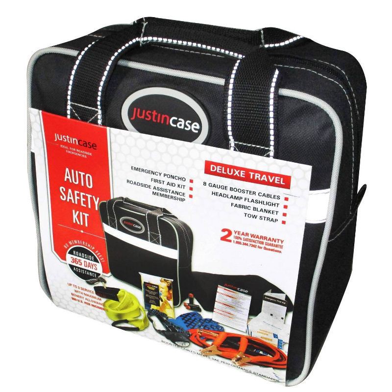 slide 1 of 3, Deluxe Safety Kit Black - Justin Case: Auto Emergency Preparedness with Jumper Cables & Camping Essentials, 1 ct
