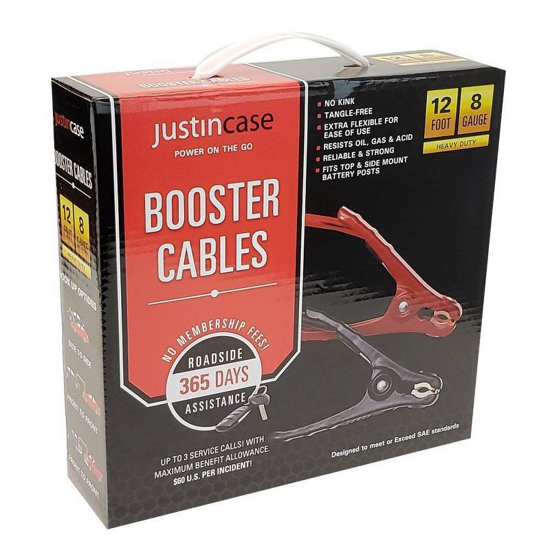 slide 2 of 3, 12ft 8 Gauge Booster Cables Red - Justin Case, 12 ft