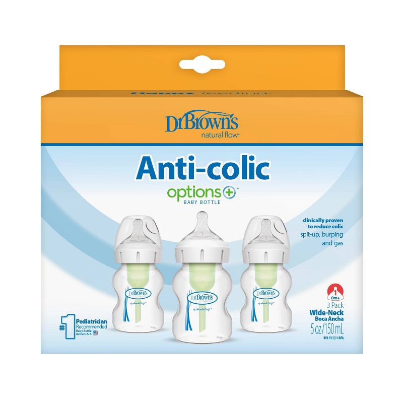 slide 11 of 11, Dr. Brown's 5oz Anti-Colic Options+ Wide-Neck Baby Bottle with Level 1 Slow Flow Nipple - 3pk - 0m+, 3 ct; 5 oz